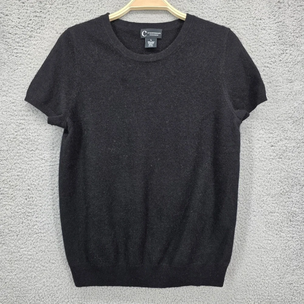 C by Bloomingdale's Cashmere Sweater Black Short Sleeve Crewneck Top Womens L